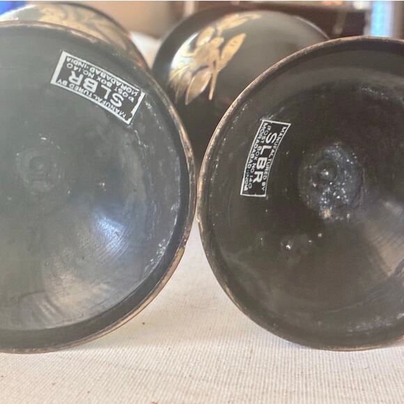 Vintage Moradabad Brass Vase Pair – Black & Gold Floral-10'' - Picture 4 of 4